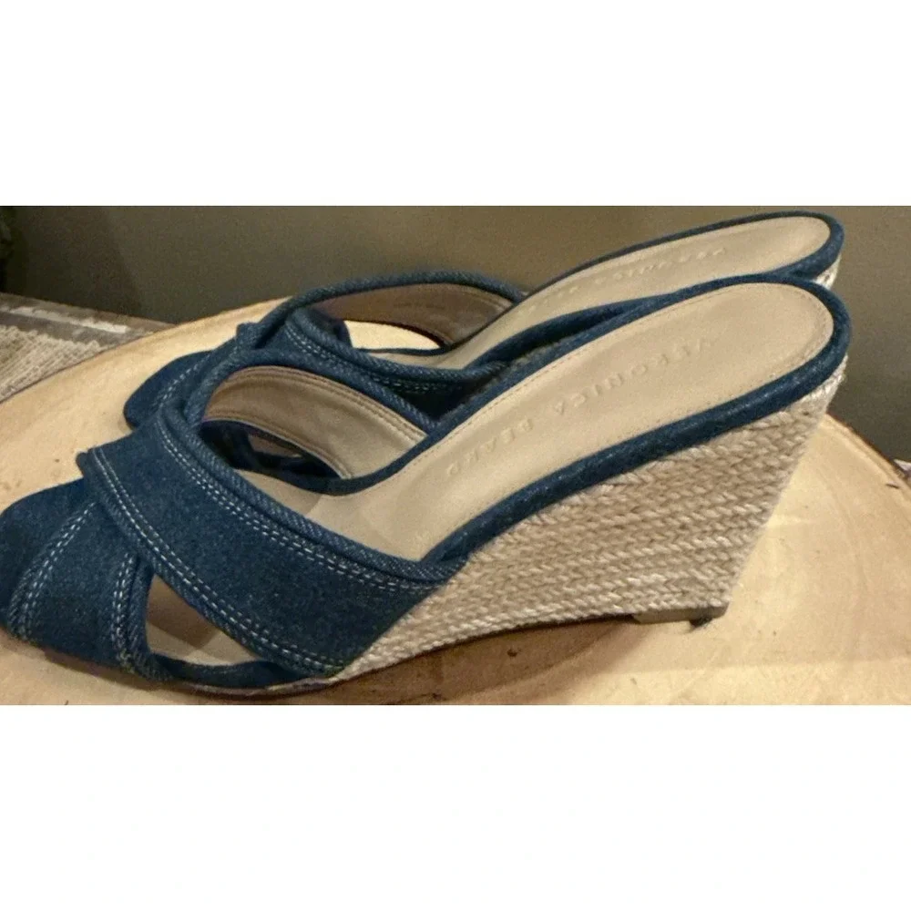 Veronica Beard Edna‎ Denim Wedge Espadrille Open Toe Sandals Size 7.5 New 395$